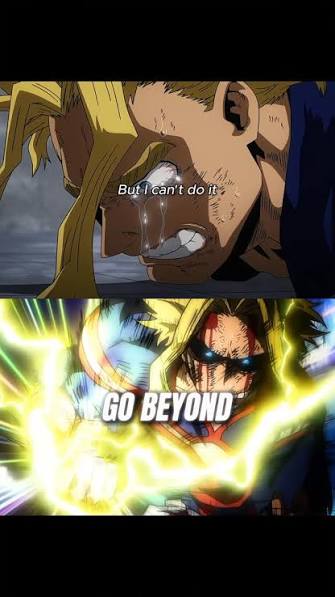 All Might having a moment of doubt, crying, and then a separate frame of him striking a heroic pose in a My Hero Academia scene, captioned 'go beyond, plus ultra'